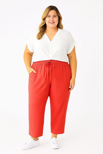 enmodaiçgiyim Pomegranate Flower Plus Size 100% Cotton Muslin Fabric Women's Trousers – Narrow Leg, Pockets, Comfortable Fit