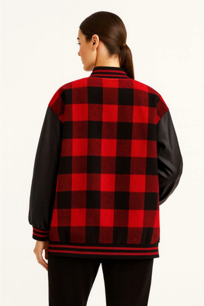 modamtn Lumberjack College Jacket with Faux Leather Sleeves and Lining - Claret Red