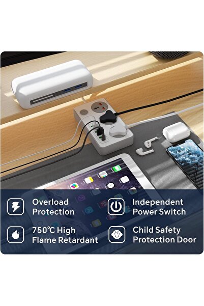 Baytion Extension Lead with UK Plug, 3 Gang Socket, 5 USB + 1 Type-C, 2m (White)