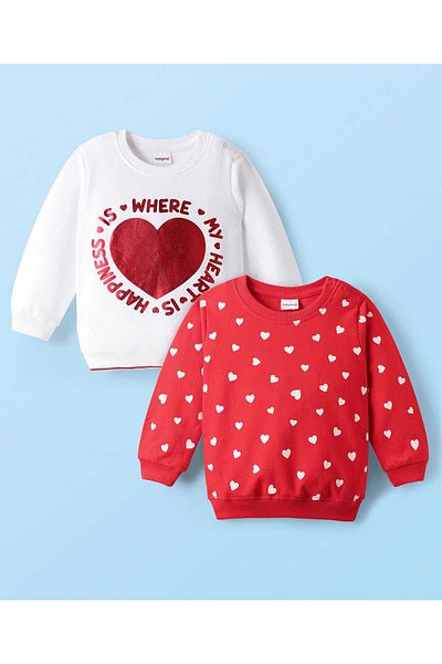 Babyhug 100% Cotton Full Sleeves Hearts Foil Printed Sweatshirt (Pack Of 2) - Red & White