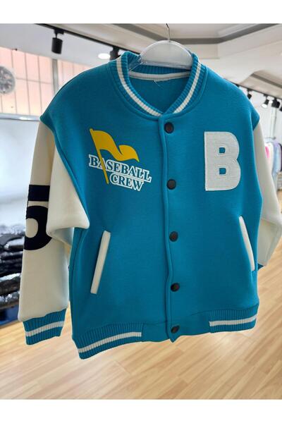 Magu Unisex Kids Cotton Turquoise White College Jacket - Bomber Coat with Letter and Print Detail