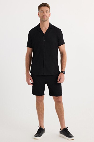 Tudors Men's Slim Fit Slim Fit Apaş Collar Waist Lace-Up Black Shirt Shorts Set