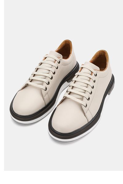 TUNAELLİ Men's Beige Khaki Natural Leather Lace up Sneaker Shoes
