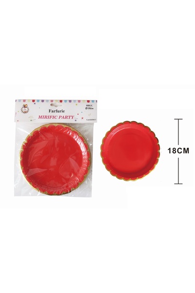 SDX Market Set of 8 party plates, Red with gold trim, 18 cm