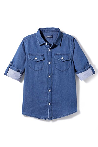 Pine kids قميص جينز مغسول بأكمام طويلة منسوج - أزرق