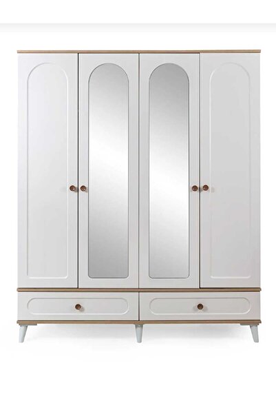 evimşah mobilya BOHEM 4 KAPAKLI AYNALI MEMBRAN CEVİZ /BEYAZ DOLAP