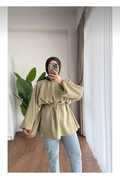 Bahar Altundemir Kadın Balon Kol Belden Bağlamalı Tesettür HAKİ TUNİK GÖMLEK rz01