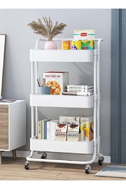 Concept Home منظم عربة معدني بثلاثة أرفف متحركة باللون الأبيض