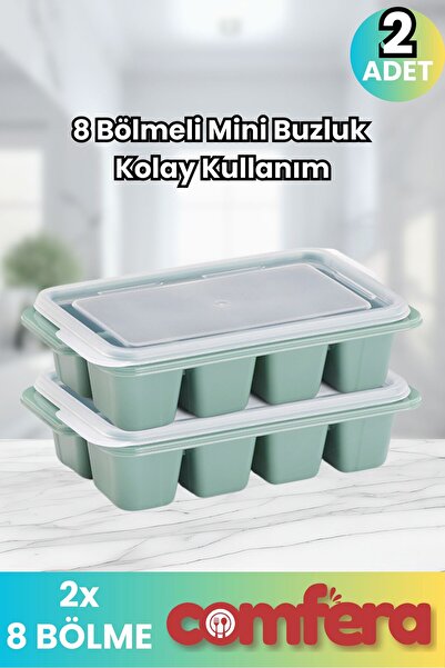 Comfera Kapaklı Buz Kalıbı 2’li – 8 Bölme | Kompakt, Kolay Kullanım | Yeşil | Üst Üste Dizilebilir
