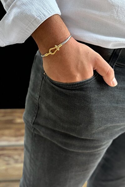 Utku Kuyumculuk 14 AYAR İTALYAN ÇELİK ÜZERİNE ALTIN MODERN ERKEK BİLEKLİK