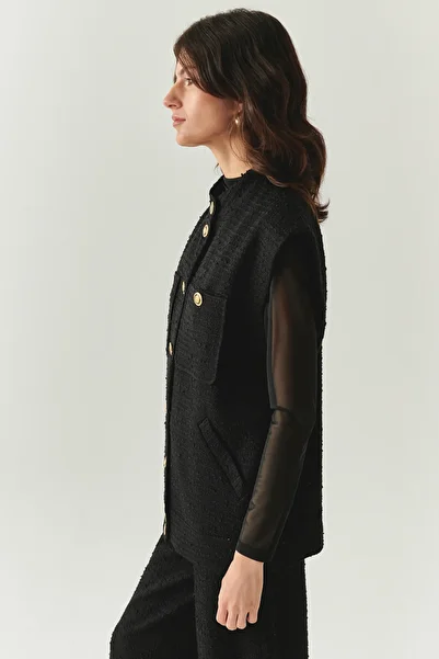 Exquise Regular Woven Black Vest with Button Detail and Pockets