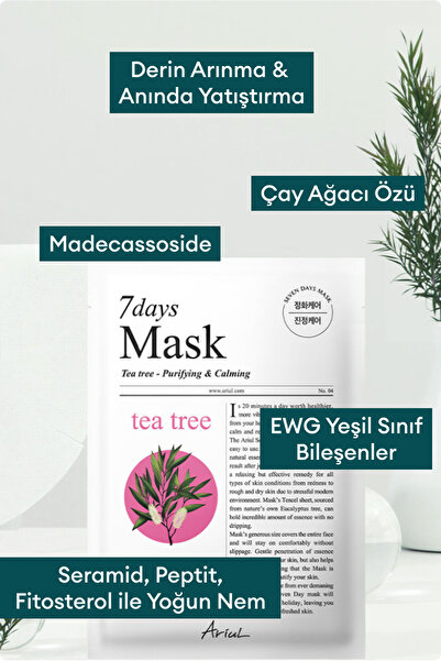 Ariul 7 Days Mask Tea Tree M - Çay Ağacı Özlü Karşıtı Arındırıcı Vegan Kağıt Maske