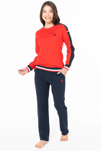 U.S. Polo Assn. Women's Pajama Set, Pocket, 100% Cotton, Long Sleeve, Crew Neck, Elastic Sleeves, Polo Logo Embroidery