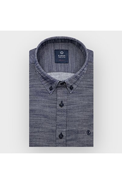 KAMER Men's Slim Fit Long Sleeve Buttoned Collar Pocketless Smoked Shirt 2401F