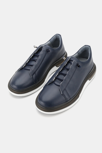TUNAELLİ Men's Navy Blue Khaki Natural Leather Lace up Sneaker Shoes