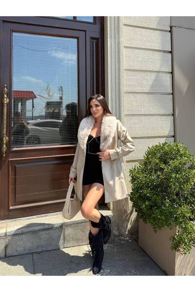 D'RECCY Jachetă de piele pentru femei, cu guler de blană, cu centură, căptușită în interior