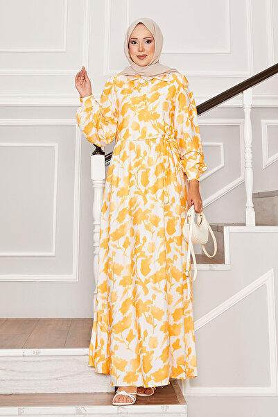 EBRUTESETTÜR Gömlek Yaka Yandan Bağlamalı Çiçekli Elbise