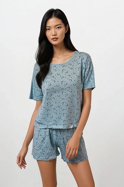 Ecrou Women's Mint Panda Kingdom Soft Texture Crew Neck Top Shorts Pajamas Suit