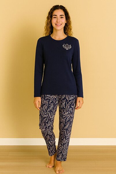 noyalux طقم بيجامة نسائي من نسيج القطن بأكمام طويلة وطبعة زهور