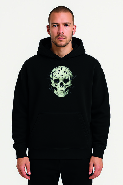 Korefanzin Skeleton Printed Black Oversize Hooded Sweatshirt Hoodie