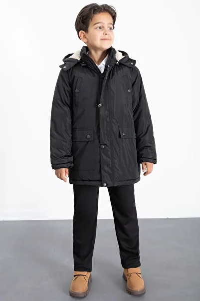 Cansın Mini Black Fur Inside Removable Hood Basic Boys down Jacket 21439