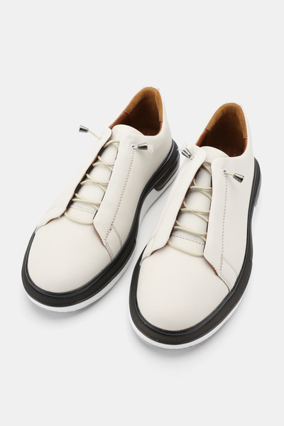 TUNAELLİ Men's Beige Khaki Natural Leather Lace up Sneaker Shoes