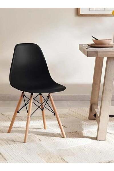 Taimi 3-Piece Dining Set, Modern Round Dining Table 80cm with 2 Black Plastic Chairs and Wooden Legs