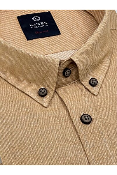 KAMER Men's Slim Fit Long Sleeve Button Collar Pocketless Beige Shirt 2401E