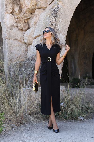 bytugcekaya Black Single Slit Waist Buckle Detail Dress