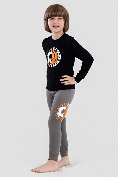 BAYKAR Erkek Çocuk Pamuklu Bisiklet Yaka Top Baskılı Uzun Kollu Pijama Takımı 9621-1 Siyah