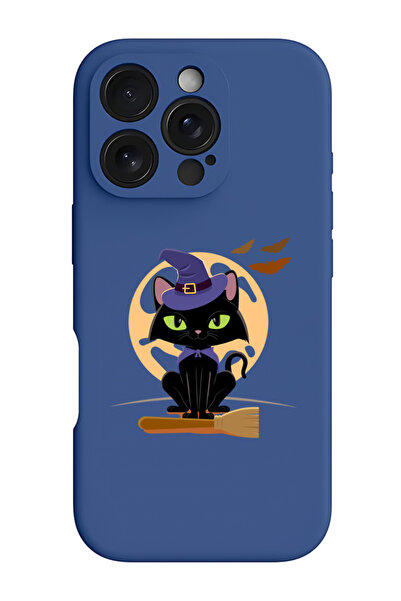 Theodor غطاء حماية سيليكون سائل مقاوم للصدمات لجهاز iPhone 16 Pro باللون الأزرق - قطة هالوين مع مكنسة