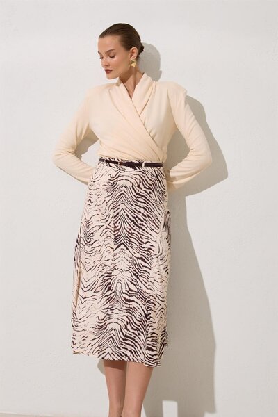 Setre Ekru-Bordo Kemer Detaylı Desenli Rahat Kesim Etek