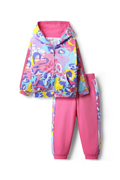Babyhug Single Jersey Knit Drop Shoulder Sleeves Hooded Top & Trouser Set With Abstract Print - Pink