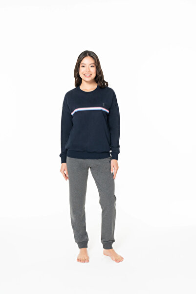 U.S. Polo Assn. Kadın Kışlık Pijama Takımı, Cepli, Uzun Kollu, Bisiklet Yaka, Kol ve Paça Lastikli, Lacivert