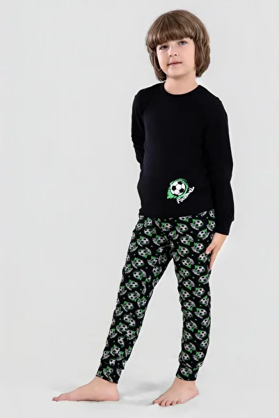 BAYKAR Boys' Cotton Crew Neck Soccer Ball Printed Long Sleeve Pajama Set 9622-1 Green
