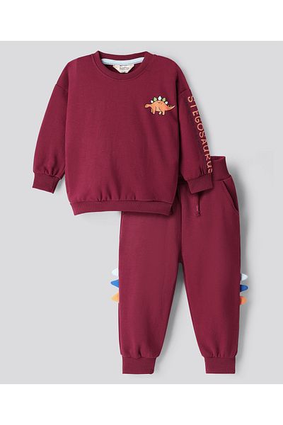 Bonfino Drop Shoulder Full Sleeves Dino Printed Sweatshirt With Jogger - Maroon