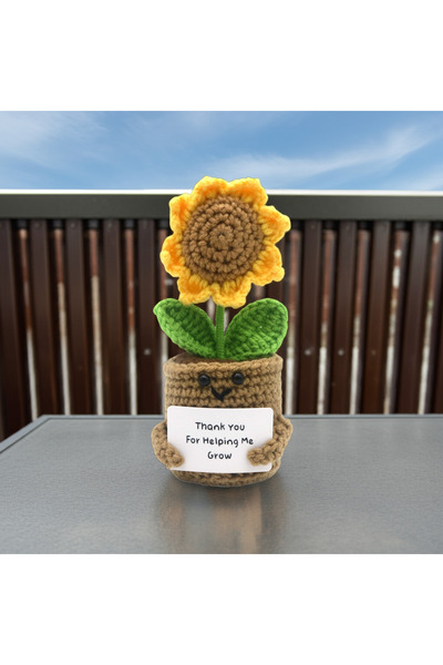 OEM Knitted flower in a pot, in the shape of a Sunflower, Positive Sunflower, with a motivational message