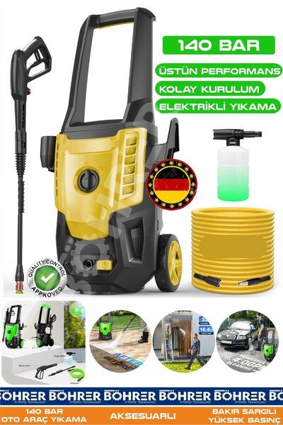 BÖHRER Alman BA01119S 140 Bar Güçlü Performans Elektrikli Oto Yıkama Makinesi | İndüksiyon Motor & Metal Po