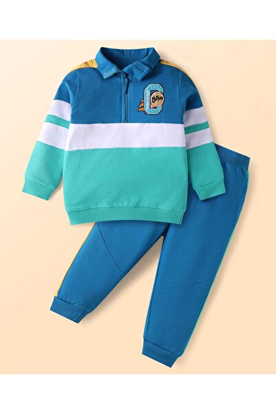 Babyhug Terry Knit T-Shirt & Lounge Pants Set With Text Embroidery - Blue