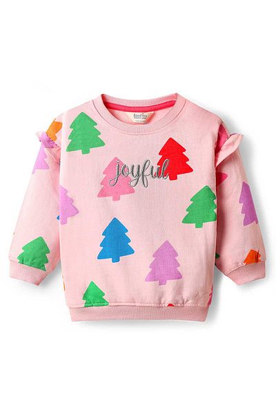 Bonfino Knit Full Sleeves Oversized Sweatshirt & Wide Leg Leggings Co-Ord Set With Tree Print - Pink
