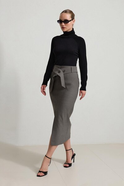 Setre Anthracite Belt Detailed Front Slit Midi Length Skirt
