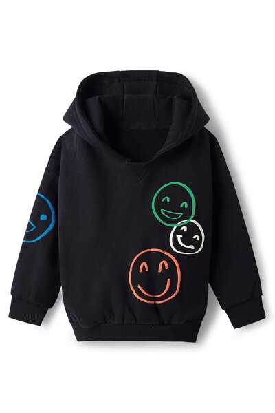 Bonfino Hooded Sweatshirt & Joggers Set With Smiley Print - Black