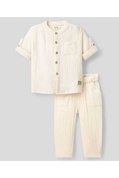 Bonfino Woven Mandarin Collar Full Sleeves Shirt & Trouser Set With Textured Print - Beige