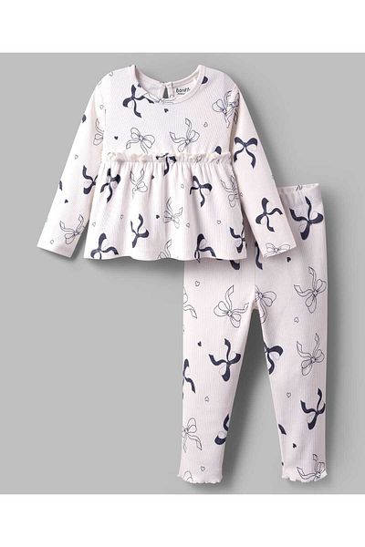 Bonfino 100% Cotton Knit Rib Fabric Full Sleeves T-Shirt & Leggings Set With Bow & Heart - Ivory