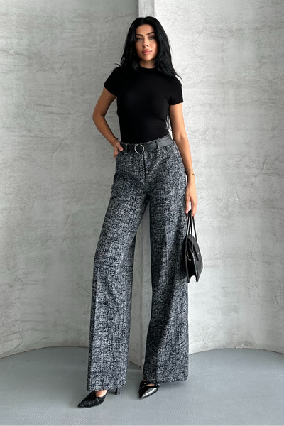 macharel jeans Women's Patterned Wide Leg Palazzo Trousers with Pockets and Belt
