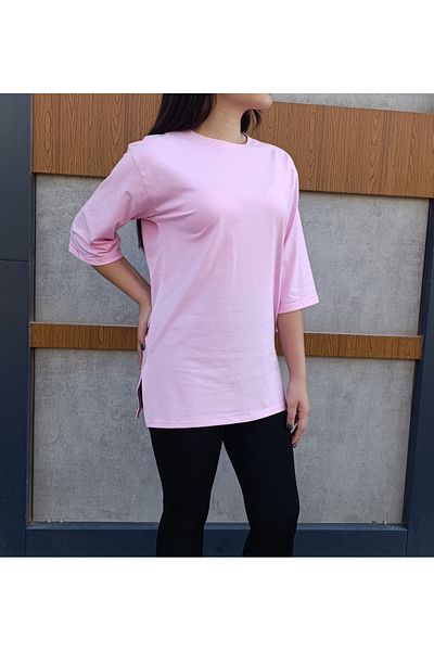 siyalife Crew Neck Plain Half Sleeve Casual Cut Oversize T-Shirt with Slit Detail