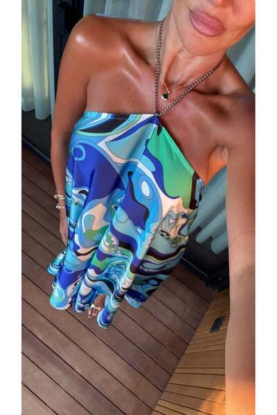 BOLESA GİYİM Mavi Desenli Boyundan Bağlamalı Elbise