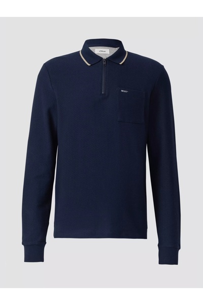 s.Oliver Men's long-sleeved polo shirt with zipped neckline, textured, Dark Navy