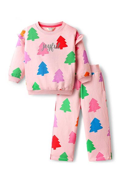 Bonfino Knit Full Sleeves Oversized Sweatshirt & Wide Leg Leggings Co-Ord Set With Tree Print - Pink