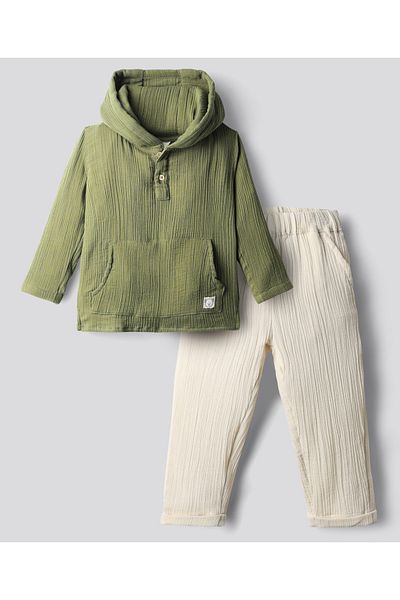Bonfino BOYS 100% COTTON DOUBLE GAUZE SET WITH HOODIE -OLIVE / BEIGE